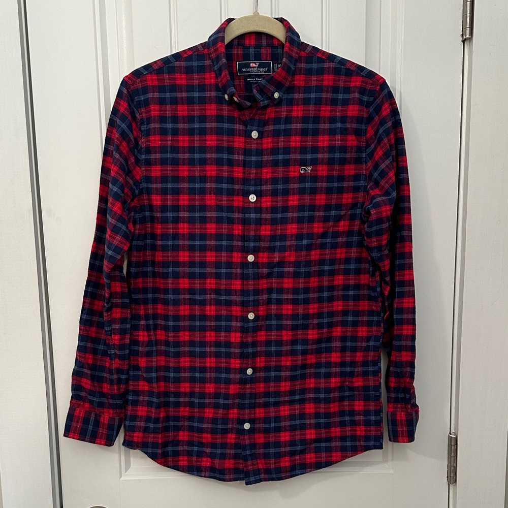 Vineyard Vines Navy and Red Plaid Button-Down Shirt